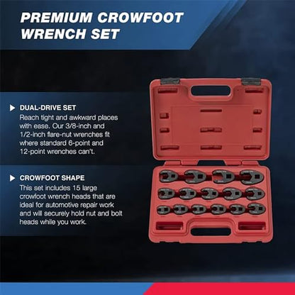 Neiko 03324A Crowfoot Wrench Set 1/2" and 3/8” Drive, 15 Piece, Metric Crows Foot Wrench Sizes 8mm-24mm, Chrome-Moly Flare Nut Wrench Set - size: 3/8" & 1/2" Drive, style: Metric