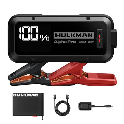 Hulkman Alpha Pro 2000A Jump Starter, 74Wh High-Capacity Car Battery Jump Starter, PD65W Fast Charging in & Out, 3.3" Smart Display Jump Box, 12V Jump Pack for 8.5L Gas/6.0L Diesel, Solid Black - style: 2000A · Up to 8.5L Gas