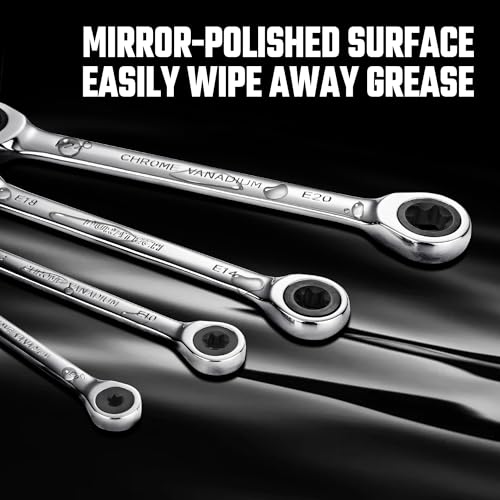 DURATECH 4-Piece E-Torx Wrench Set, Double Box End Ratcheting Wrench Set, Including E6 * E8, E10 * E12, E14 * E18 and E20 * E24, 72-Teeth, CR-V Steel, Mirror-Polished with Rolling Pouch