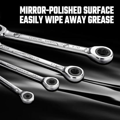 DURATECH 4-Piece E-Torx Wrench Set, Double Box End Ratcheting Wrench Set, Including E6 * E8, E10 * E12, E14 * E18 and E20 * E24, 72-Teeth, CR-V Steel, Mirror-Polished with Rolling Pouch