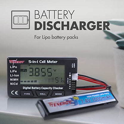 Tenergy 5-in-1 Battery Meter, Intelligent Cell Meter Digital Battery Checker/Balancer for LiPo / LiFePO4 / Li-ion/NiCd/NiMH Battery Packs