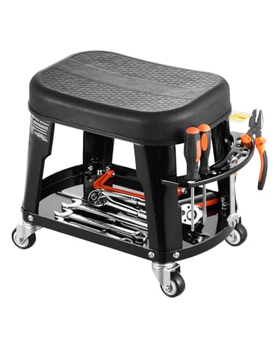 VEVOR Mechanic Stool, 300 lbs Capacity, Black, Industrial Style, Plastic Seat, Wheels, 360 Swivel, Tool Tray, Screwdriver Rack - color: Black