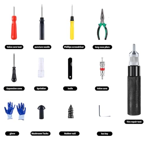 Tire Repair Kits Tubeless Tire Puncture Repair Kit with Mushroom Plug, Repairs punctures and Flat Tires for Motorcycles, Cars, Trucks, ATVs,Gun Puncture Repair Kit（34-Piece ） - color: Black+34