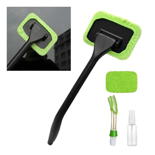 Car Windshield Cleaning Tool, Detachable Window Cleaner with Reusable Microfiber Pads & Spray Bottle, Glass Wiper Windshield Detailing Cleaning Kit for Most Cars Trucks SUVs