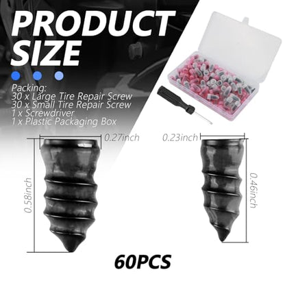 60PCS Tire Plug Kit,Self-Service Flat Tire Repair Kit Including Screwdriver,Upgraded Thickened Adhesive-Covered Tires Repair Screws for Sudden Flat Tyres Emergencies (60PCS) - color: 60PCS