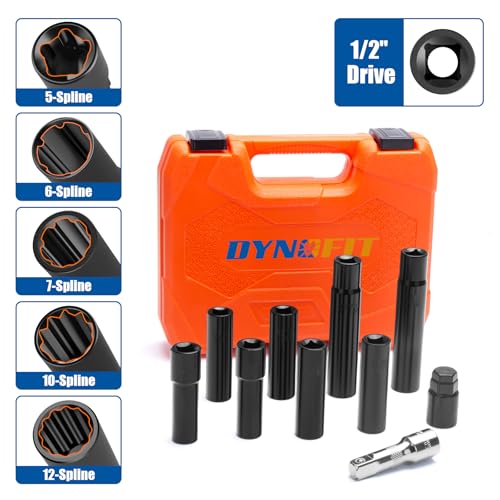 Dynofit Spline Lug Nuts Socket Set (10Pcs) with 1/2" Drive Impact Square End for Spline & Hex Wheel Lock Removal - Fits 5,6,7,10,12 Point Tuner Lug Nuts
