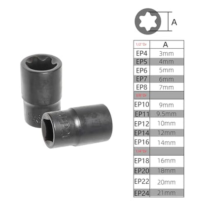 External Torx Plus Socket Set 6 Point EP Socket EP4, EP5, EP6, EP7, EP8, EP10, EP11, EP12, EP14, EP16, EP18, EP20, EP22, EP24 with 1/2'' 3/8'' 1/4'' Dr E-Torx Plus Socket 14pc - size: 14PC