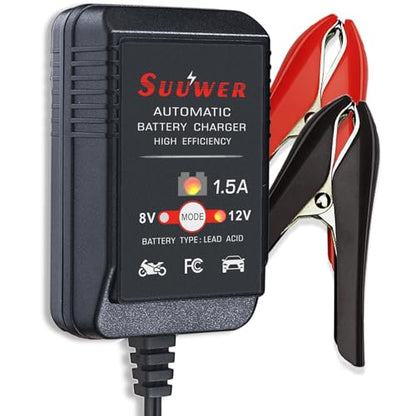 Suuwer 1.5A 8V/12V Fully-Automatic Smart Battery Charger - Trickle Charger & Maintainer for Golf Cart, Motorcycle, Car, Lawn Mower