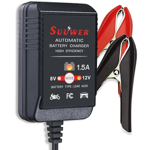 Suuwer 1.5A 8V/12V Fully-Automatic Smart Battery Charger - Trickle Charger & Maintainer for Golf Cart, Motorcycle, Car, Lawn Mower