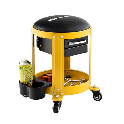 IRONMAX Rolling Mechanic Stool with Removable Padded Seat & Two-Way Drawers | 330 LBS Capacity Round Roller Seat on Wheels with Tool Tray and Can-Holder for Workshop, Garage Shop, Yellow - color: Yellow