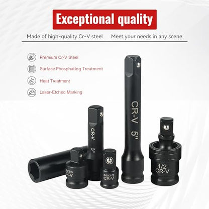 Reniteco 25-Piece 1/2" Drive Socket Set, Metric(10mm-32mm), Deep Sockets, Extension Bars, 1/2" F to 3/8" M Reducer,3/8" F to 1/2" M Reducer, Universal Joint, 6 Point Design, Cr-V - size: 1/2" 25 PCS Metric