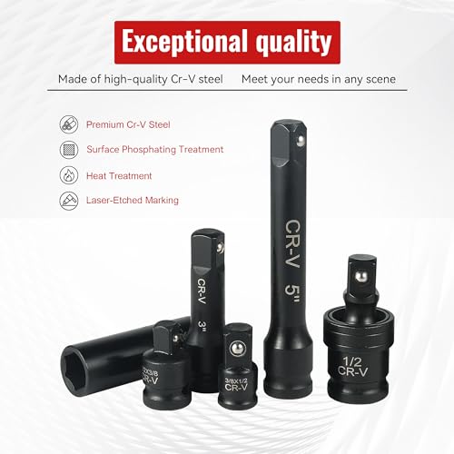 Reniteco 25-Piece 1/2" Drive Socket Set, Metric(10mm-32mm), Deep Sockets, Extension Bars, 1/2" F to 3/8" M Reducer,3/8" F to 1/2" M Reducer, Universal Joint, 6 Point Design, Cr-V - size: 1/2" 25 PCS Metric