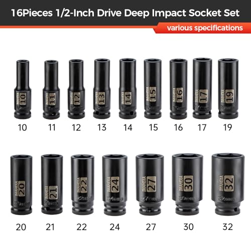 16PCS Impact Socket Set 1/2"Drive,Metric Sizes (10 to 32 mm),Allen Socket Set,Deep CO-MO Meterial Socket Set,Sleek Socket With Premium Red Organizer - size: 1/2 Metric 16Piece