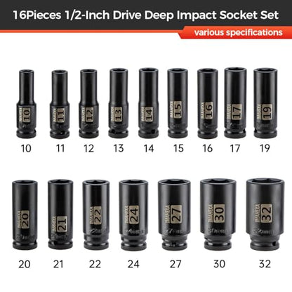 16PCS Impact Socket Set 1/2"Drive,Metric Sizes (10 to 32 mm),Allen Socket Set,Deep CO-MO Meterial Socket Set,Sleek Socket With Premium Red Organizer - size: 1/2 Metric 16Piece
