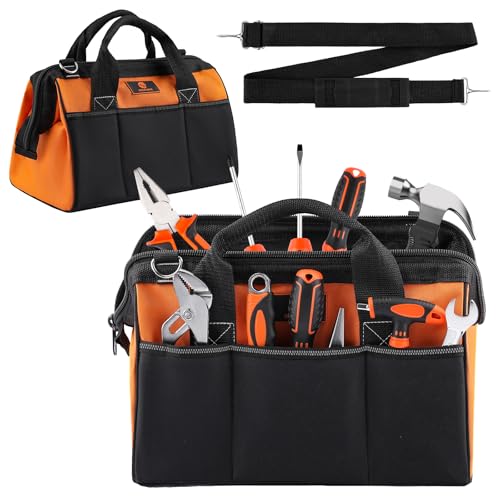Tool Bag 14'', Thick Outer Pocket Tool Organizer Waterproof, Heavy Duty Tote with Shoulder Strap for Tool Storage, Black & Orange - size: 14 inch