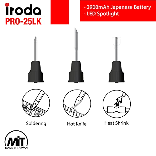 Iroda SolderPro 25LK Battery Soldering Iron Kit, Pro Grade 30W Type C USB Rechargeable Soldering Iron | 3200mAh Japanese Battery | LED Spotlight, With 3 Tips & Case