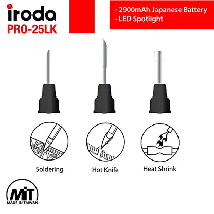 Iroda SolderPro 25LK Battery Soldering Iron Kit, Pro Grade 30W Type C USB Rechargeable Soldering Iron | 3200mAh Japanese Battery | LED Spotlight, With 3 Tips & Case