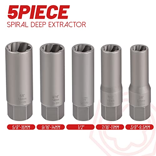 5-Pcs Spiral Deep Bolt Extractor Set, Stripped Bolt Remover Lug Nut Extractor Set, Stripped Lug Nut Remover for Broken Damaged Rounded-Off Bolts, Nuts, Bolts, Studs, Threaded Tubes - size: 5Pcs