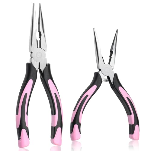 2pcs 6’’& 8’’ Needle Nose Pliers,Large Soft Grip with Wire Cutter | Pink,Paper Clamp Precision, Heavy-Duty CRV Steel, Long Nose Cutting Pliers for Home, Fishing, Jewelry, Crafts