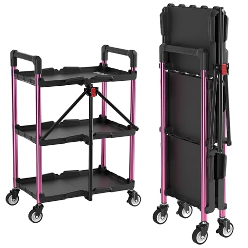 WORKPRO 3-Tier Collapsible Service Cart, Black/Pink, 210 LBS Foldable Utility Cart with Wheels, Portable Rolling Tool Cart for Garage, Warehouse, Home, Restaurant and Office (No Assembly Required) - color: Black/Glossy Pink