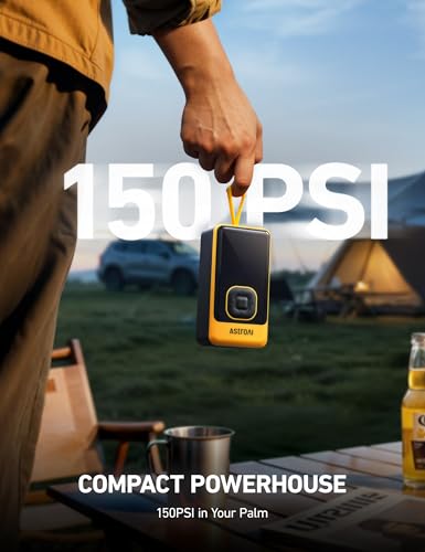 AstroAI L7 Air Tire Inflator Portable Air Compressor, 150PSI Electric Cordless Car Pump with Digital Gauge, Fast 1-Min Inflation, Auto Shutoff, LED Light for Car, SUV, Motorcycle & Bike Tires, Yellow