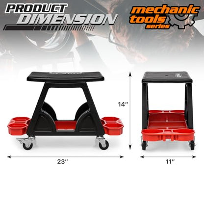 M-AUTO Mechanic Stool Detailing Seat Mobile Rolling Utility Creeper Seat w/Lockable Swivel Wheels, 300LBS Capacity Roller Creeper Seat w/Storage Tool Tray and Drawers, 23" Red