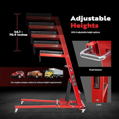 VIVOHOME Topside Automotive Engine Creeper, 400LBS Capacity | Foldable Creeper with Adjustable Height from 46.1" to 70.9", Leather Cushion, and 4 Swivel Casters for Auto Maintenance - size: 46inch