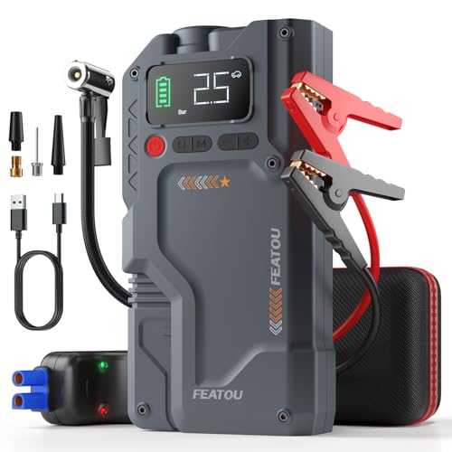 Featou Jump Starter with Air Compressor, 5 in 1 Functional Jump Box 5500A Peak Power Pack with 150PSI Digital Tire Inflator, Portable Car Charger Jumper for 9.0L Gas or 7.5L Diesel - color: Gray