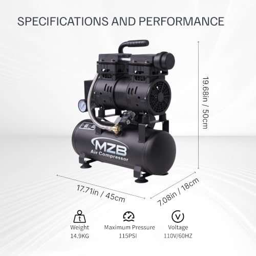 MZB 2.4 Gallon 1.0HP Ultra Quiet Air Compressor 110V/60Hz 5.65CFM, MAX 115PSI Steel Tanks Oil-Free 65 dB Noise Level Air Compressor for Spray Painting, Auto Repair, Carpentry Decoration - size: MZB-750H-9