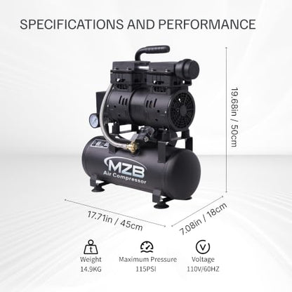 MZB 2.4 Gallon 1.0HP Ultra Quiet Air Compressor 110V/60Hz 5.65CFM, MAX 115PSI Steel Tanks Oil-Free 65 dB Noise Level Air Compressor for Spray Painting, Auto Repair, Carpentry Decoration - size: MZB-750H-9