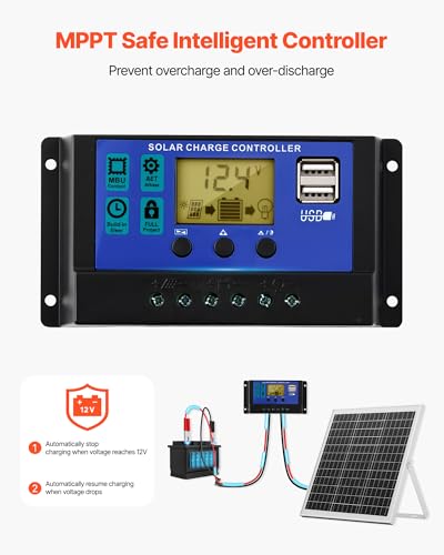 VEVOR 20W 12V Solar Panel Battery Charger, Solar Battery Trickle Charger Maintainer with Intelligent MPPT Controller & Adjustable Mount Bracket, IP67 Waterproof for Car Boat RV Motorcycle Trailer - style: 20W