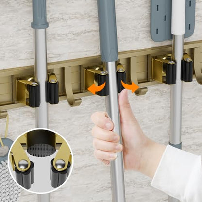 reliahom Broom Holder Wall Mount Mop Hanger Tools organizer 4Racks 5Hooks | Adjustable Mop Broom Wall Hanging Heavy duty Tools Storage Rack Space-saving for Garage,Kitchen,Laundry Room,Garden, Bronze - color: Bronze