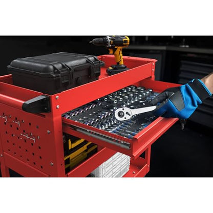 3-Tier Rolling Utility Cart, Metal Tool Cart on Wheels with Lockable-Red | 330 lb. Load Capability Heavy Duty Tool Cart with Drawers, Mechanic Tool Cart for Garage, Warehouse, Repair Shop - color: Red