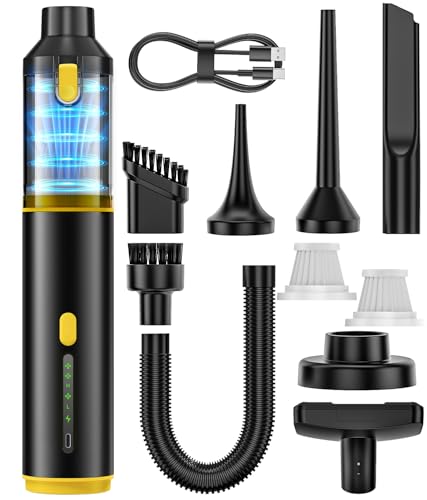 Car Vacuum Portable Cordless Handheld Vacuum Cleaner 4-in-1 Mini Cordless Vacuum with 2 Suction Modes and 16800pa Suction Power Blowing & Inflating 2 Modes Handheld Vacuum for Car, Desk, Keyboards - color: Yellow