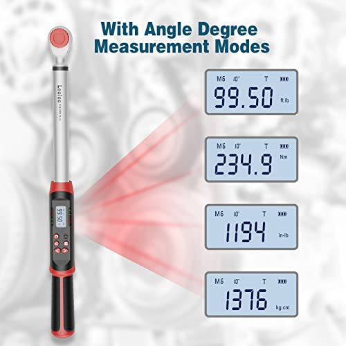 Leolee 3/8-Inch Drive Digital Torque Wrench with Angle, 5-99.5 Ft-Lb | 6.8-135Nm, ±2% Accuracy, Preset Value, Data Storage, Buzzer, LED Flash Notification, for Automotive, Motorcycle Engine Repair - size: 5-99.5Ft.lb/6.8-135Nm (3/8 Inch), style: 3/8-Inch