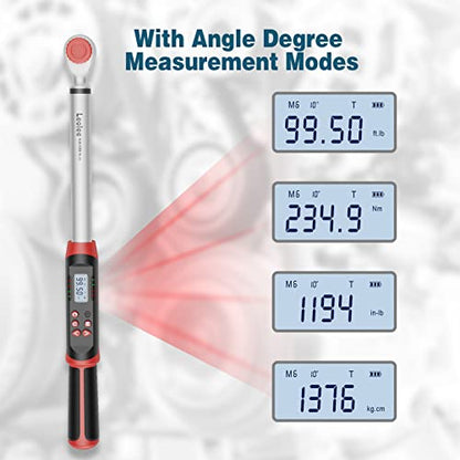 Leolee 3/8-Inch Drive Digital Torque Wrench with Angle, 5-99.5 Ft-Lb | 6.8-135Nm, ±2% Accuracy, Preset Value, Data Storage, Buzzer, LED Flash Notification, for Automotive, Motorcycle Engine Repair - size: 5-99.5Ft.lb/6.8-135Nm (3/8 Inch), style: 3/8-Inch