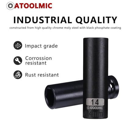 3/8 Inch Drive x 14mm Deep 6PT CR-MO Impact Socket for Removing Axle nut | Metric Socket,6-Point Radius Corner Design,Two Size Markings,Square Chamfered Opening,For Removal of Axle Nut - size: 14 mm, style: 3/8" Drive Deep Socket