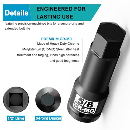1/2" Drive H5/8-Inch Impact Hex Bit Socket, SAE Allen Bit Socket, Cr-Mo Steel, Removing Loosening Hexagon Bolts - size: 1/2" H5/8 Deep