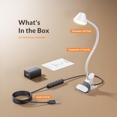 LEPOWER Clip on Light, Reading Lights for Books in Bed, 400LM, RG0 Eye-Care | 5 Colors & Stepless Dimming, Amber Glow Light & Auto Timer, Up to 2.3" Strong Clamp with Adapter for Headboard, Bedside, Desk - color: White