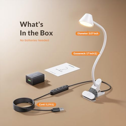 LEPOWER Clip on Light, Reading Lights for Books in Bed, 400LM, RG0 Eye-Care | 5 Colors & Stepless Dimming, Amber Glow Light & Auto Timer, Up to 2.3" Strong Clamp with Adapter for Headboard, Bedside, Desk - color: White