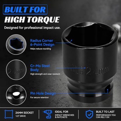 2PCS 24mm Impact Socket 1/2" Drive, 6 Point Metric Shallow Socket, CR-V Steel Heavy Duty Impact Wrench Socket for Automotive Repair - size: 24mm