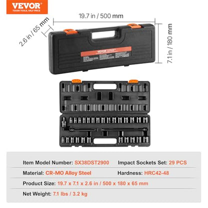 VEVOR 3/8" Drive Impact Socket Set, 29 Piece Shallow Socket Set SAE 3/8"-1" and Metric 8-22mm, 6 Point CR-V Alloy Steel for Auto Repair, Easy-to-Read Size Markings, Rugged Construction, Storage Case - style: 3/8" 29PCS CR-MO