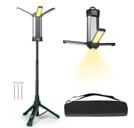 Rechargeable Work Light with Stand, Magnetic Base, Hook & Tripod (Middle) | 6000mAh battery, Telescopic tripod, Magnetic base, Hanging hook, 3 metal floor spikes, Storage bag, Camping - color: Black Middle Rechargeable Work Light with Tripod