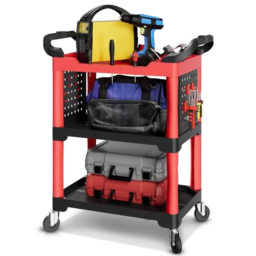 Auto Dynasty 3-Level Rolling Cart Trolley Storage Detailing Cart with Cup Holders Pegboard 120 kg/260 Lbs Capacity on Wheels Fits Garage, Warehouse, Home and Workshop, Black/Red - style: with 2 sides Pegboard