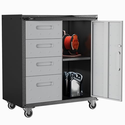 Metal Mobile Tool Storage Cabinet with Wheels,Heavy Duty Rolling Tool Cabinets for Garage,Metal Storage Cabinets with 4 Drawer and 1 Locking Doors,Assembly Required - color: Black/Gray, style: 1 door 4 drawer with wheels