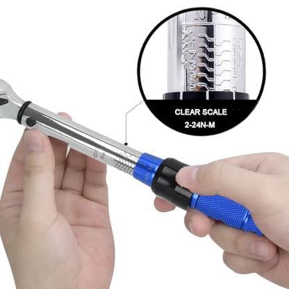 Bike Torque Wrench Set, 1/4 Inch Drive Torque Wrench 2 to 24 Nm | Bicycle Torque Wrench for MTB Mountain Road Bikes with Allen Key, Torx Sockets, Extension Bar