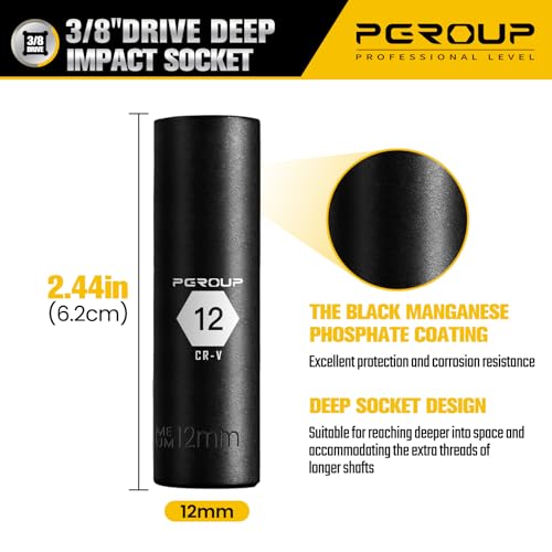 3/8” Drive Deep Impact Socket, Metric(12mm socket), 6-Point, Cr-V Steel With Black Manganese Phosphate Coating - size: 12 mm