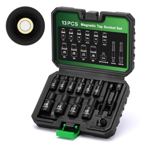 TecoTek 13PCS Magnetic Tap Socket Set, 1/4" & 3/8" Drive Square Drive Tap Handle Tool, Square Socket Set for Fractional MCTI Standard Tap Thru 1/2" & 1/8" NPT Taps - size: Standard Magnetic Tap Socket