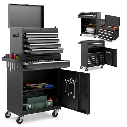 Goplus Tool Chest, 5-Drawer Rolling Tool Storage Cabinet with Detachable Top Tool Box, Liner, Universal Lockable Wheels, Adjustable Shelf, Locking Mechanism, Metal Tool Cart for Garage Workshop - color: Black, style: 5 Drawers