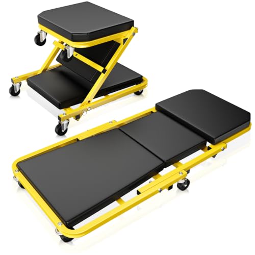 Auto Dynasty 36" Z-Creeper Seat, 2-in-1 Foldable Garage Creeper Shop Seat, 330 LBS Capacity Automotive Mechanic Repair Under Car Rolling Creeper Seat, Yellow - color: Yellow, size: 36 Inch